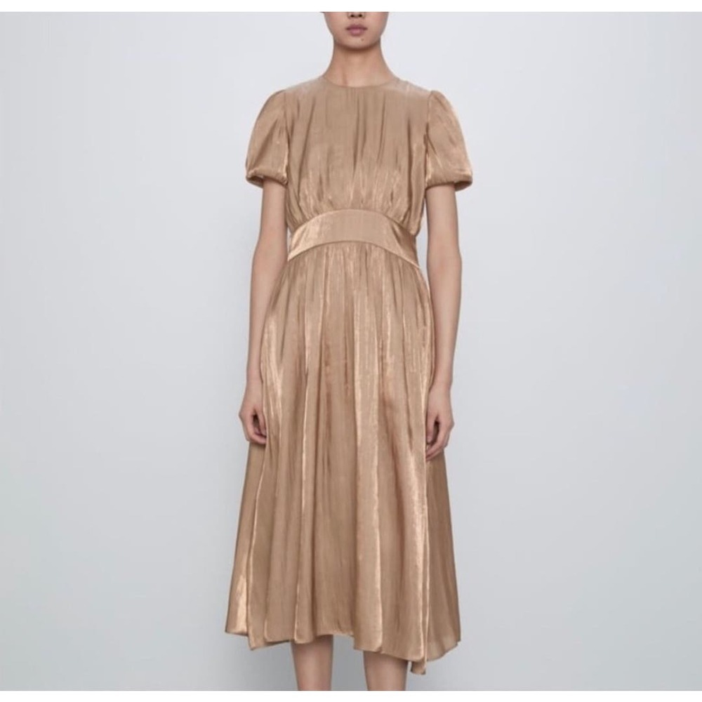 ZARA Copper Gold Shimmer Long Midi Dress With Gigot Sleeve M